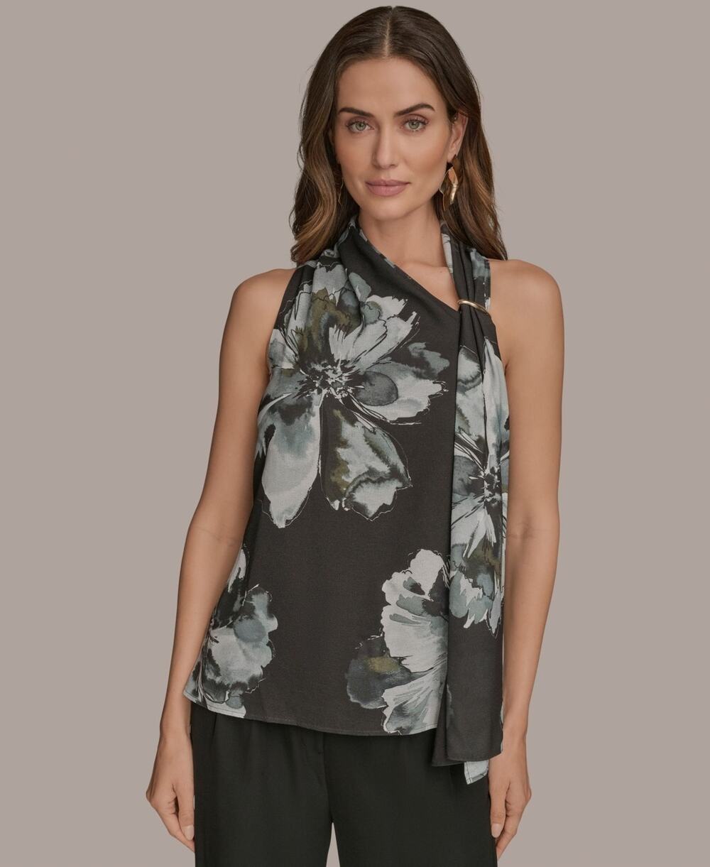 Donna Karan New York Scarf Top Womens S Black Multi Floral Sleeveless Boho NWT